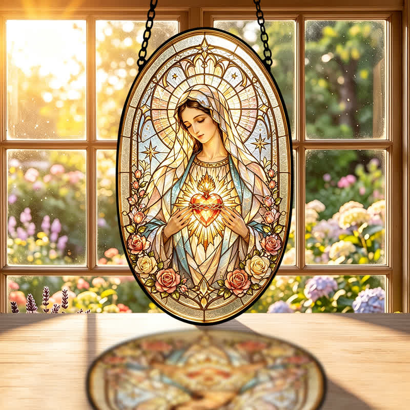Christianartworkshop Floral Framed Our Lady Window Glass Suncatcher: Beacon of Timeless Heavenly Grace - image 1
