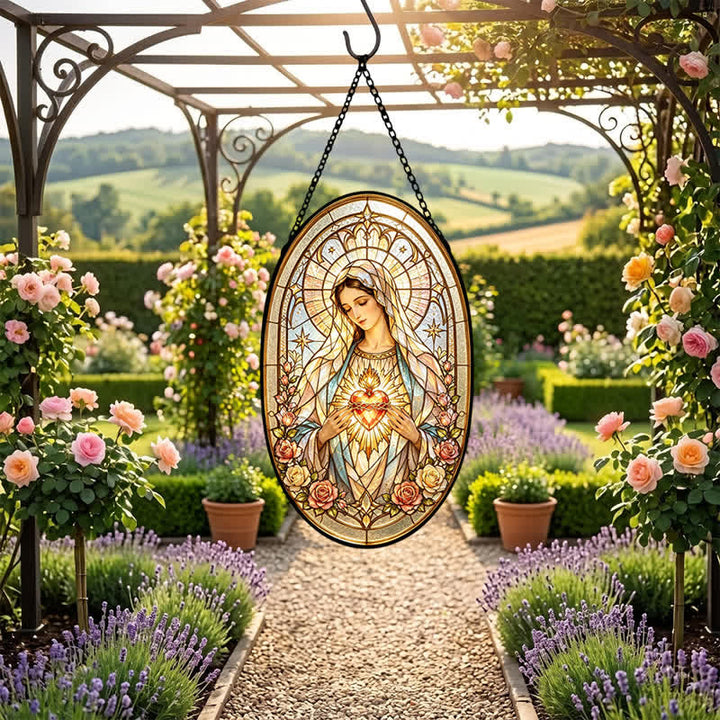 Christianartworkshop Floral Framed Our Lady Window Glass Suncatcher: Beacon of Timeless Heavenly Grace - image 6
