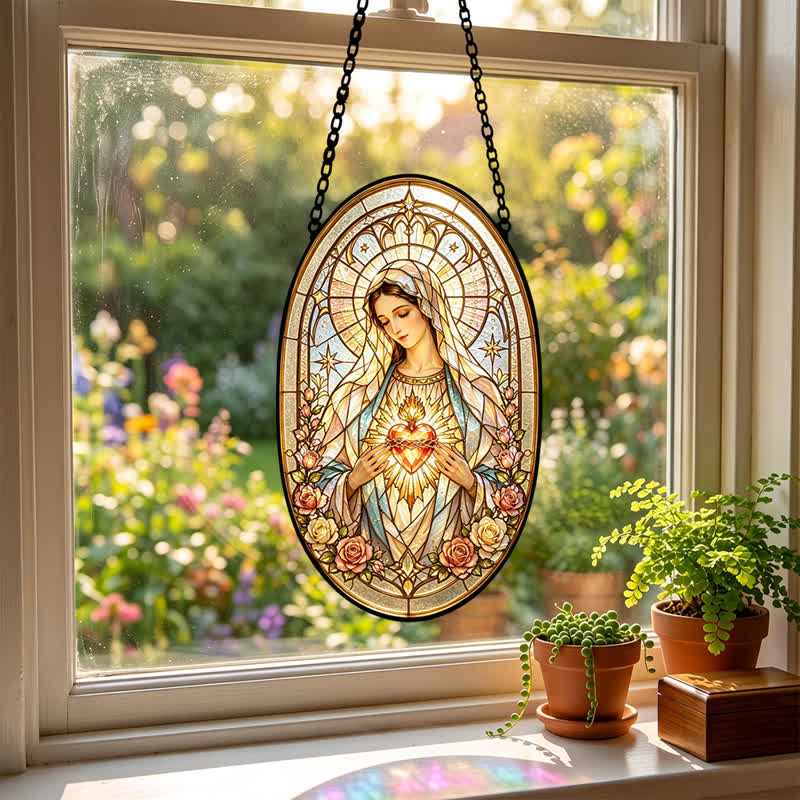 Christianartworkshop Floral Framed Our Lady Window Glass Suncatcher: Beacon of Timeless Heavenly Grace - image 3