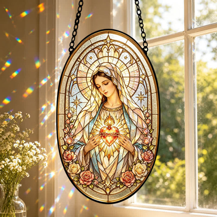 Christianartworkshop Floral Framed Our Lady Window Glass Suncatcher: Beacon of Timeless Heavenly Grace - image 0