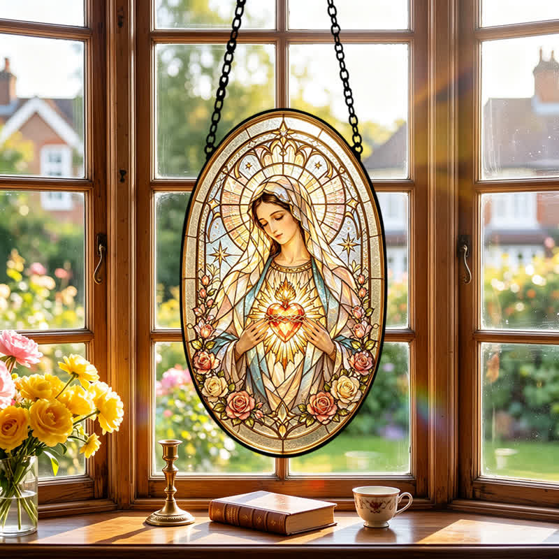 Christianartworkshop Floral Framed Our Lady Window Glass Suncatcher: Beacon of Timeless Heavenly Grace - image 2