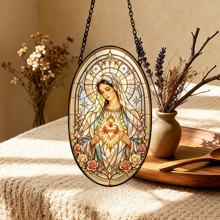 Christianartworkshop Floral Framed Our Lady Window Glass Suncatcher: Beacon of Timeless Heavenly Grace - image 5