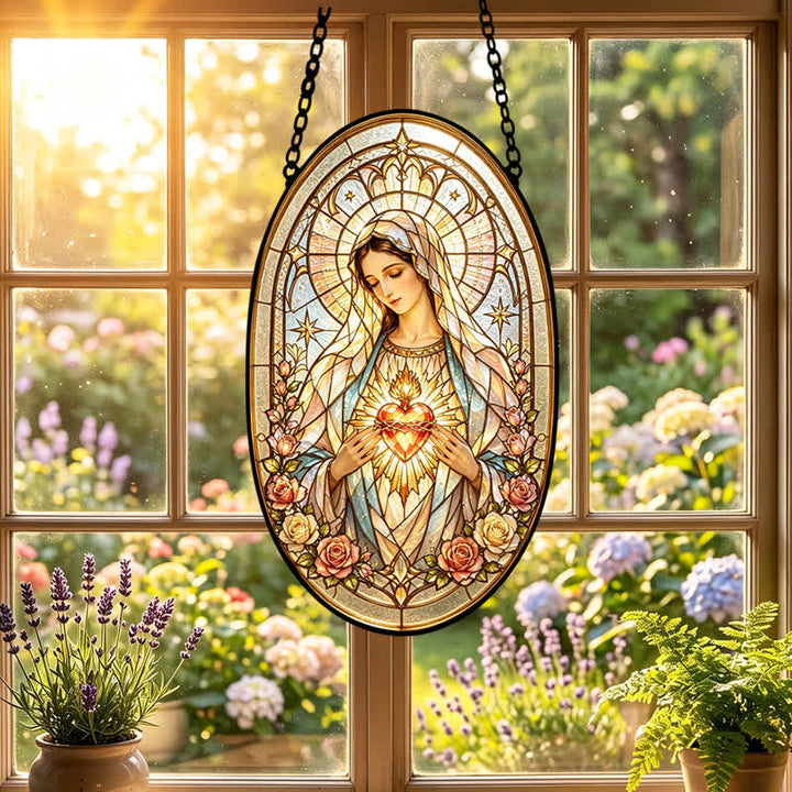 Christianartworkshop Floral Framed Our Lady Window Glass Suncatcher: Beacon of Timeless Heavenly Grace - image 4