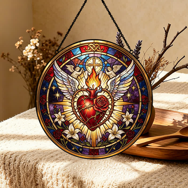 Christianartworkshop Round Glass Hanging Sacred Heart Glass Suncatcher: Token of Peaceful Divine Comfort - image 0