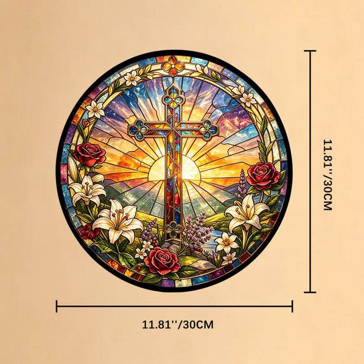 Christianartworkshop Lily & Rose Wreath Cross Glass Suncatcher: Emblem of Gentle Divine Purity - 11.81''*11.81''*0.14''/30*30*0.35cm - image 10