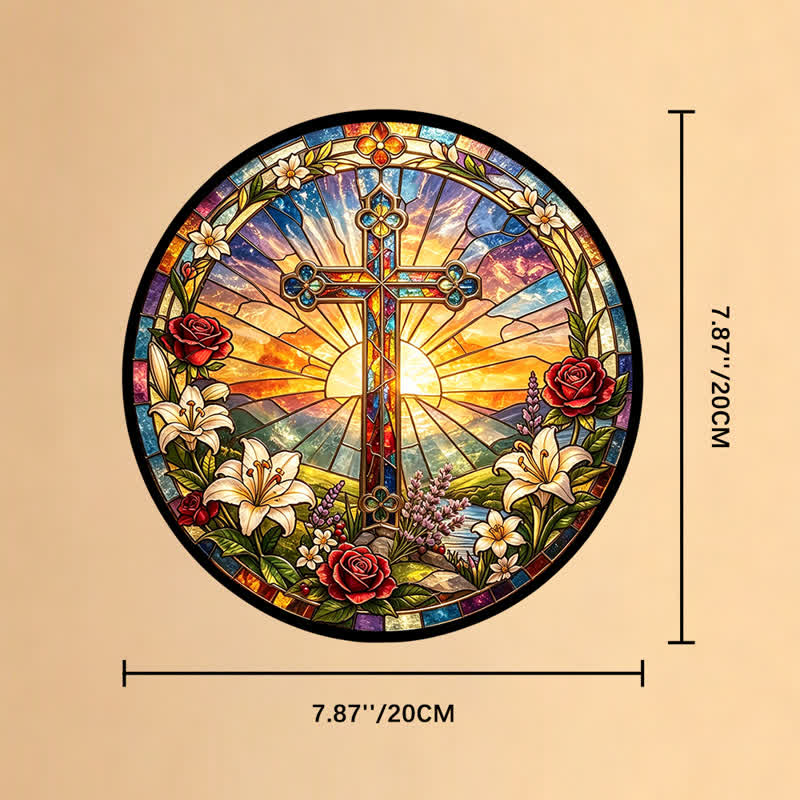 Christianartworkshop Lily & Rose Wreath Cross Glass Suncatcher: Emblem of Gentle Divine Purity - 7.87''*7.87''*0.14''/20*20*0.35cm - image 8