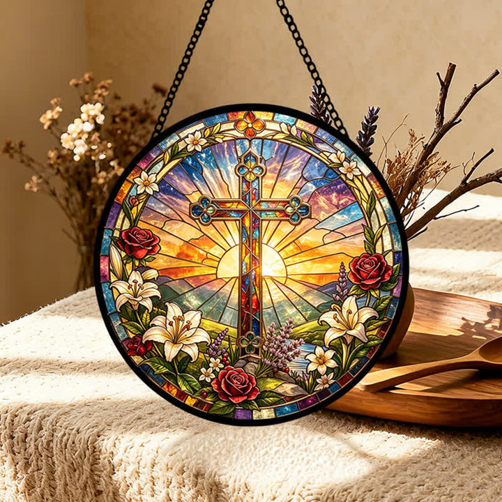 Christianartworkshop Lily & Rose Wreath Cross Glass Suncatcher: Emblem of Gentle Divine Purity - image 3