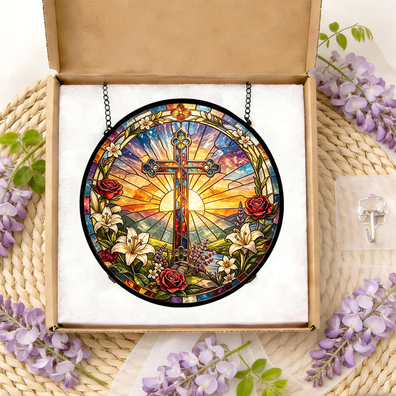 Christianartworkshop Lily & Rose Wreath Cross Glass Suncatcher: Emblem of Gentle Divine Purity - image 11