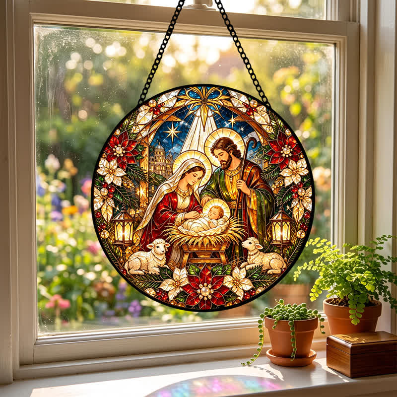 Christianartworkshop Round Stained Nativity Glass Suncatcher: Emblem of Tender Heavenly Arrival - image 2