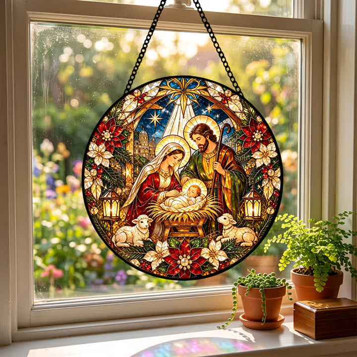 Christianartworkshop Round Stained Nativity Glass Suncatcher: Emblem of Tender Heavenly Arrival - image 2