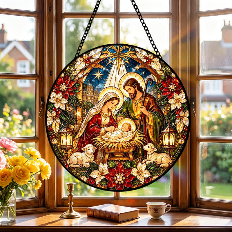 Christianartworkshop Round Stained Nativity Glass Suncatcher: Emblem of Tender Heavenly Arrival - image 4