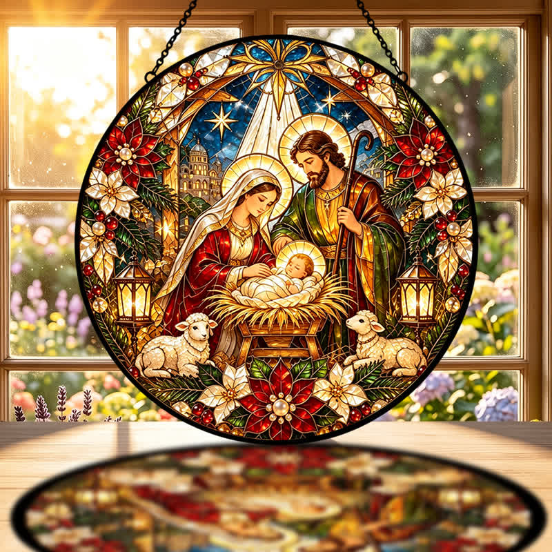 Christianartworkshop Round Stained Nativity Glass Suncatcher: Emblem of Tender Heavenly Arrival - image 1