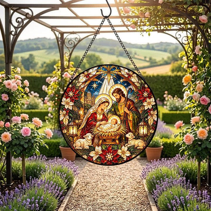 Christianartworkshop Round Stained Nativity Glass Suncatcher: Emblem of Tender Heavenly Arrival - image 3