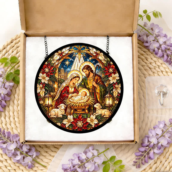 Christianartworkshop Round Stained Nativity Glass Suncatcher: Emblem of Tender Heavenly Arrival - image 11