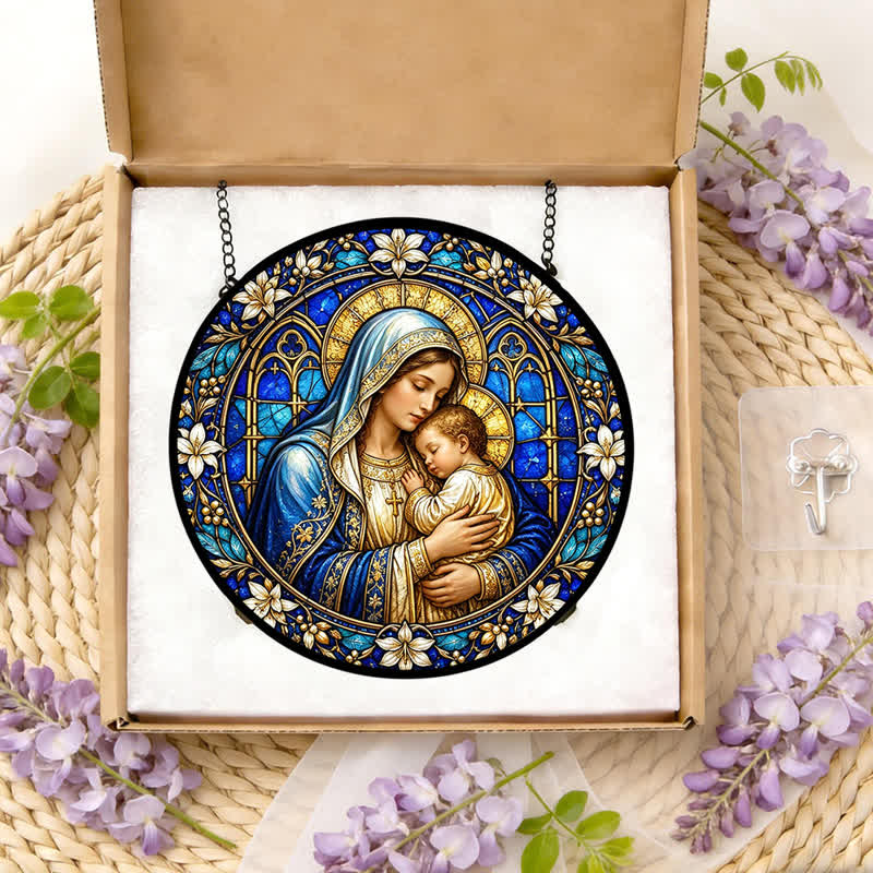 Christianartworkshop Ornate Circular Nativity Glass Suncatcher: Emblem of Serene Divine Tenderness - image 11