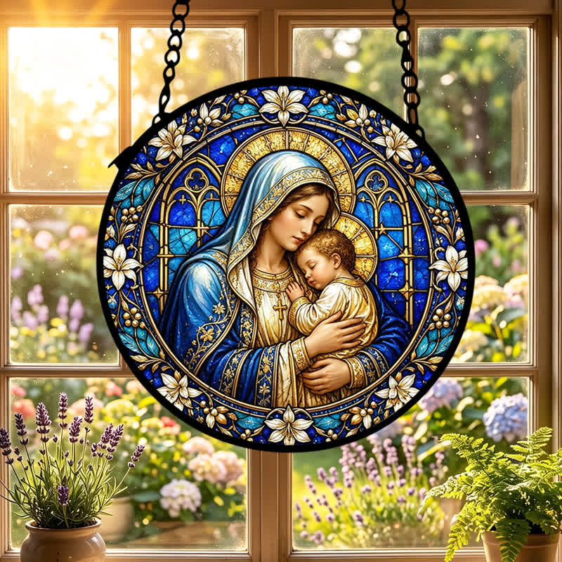 Christianartworkshop Ornate Circular Nativity Glass Suncatcher: Emblem of Serene Divine Tenderness - image 0