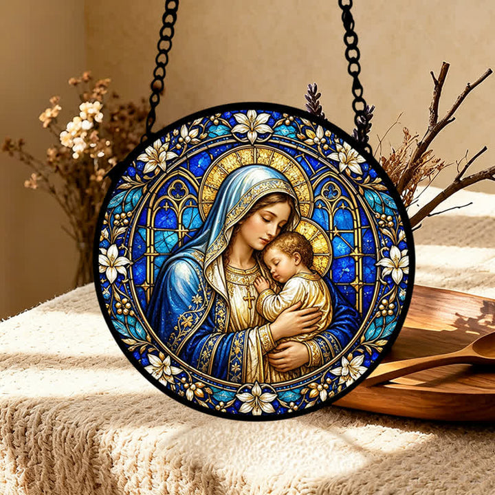 Christianartworkshop Ornate Circular Nativity Glass Suncatcher: Emblem of Serene Divine Tenderness - image 4