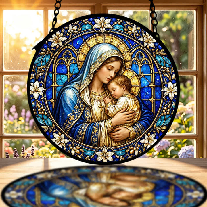 Christianartworkshop Ornate Circular Nativity Glass Suncatcher: Emblem of Serene Divine Tenderness - image 1