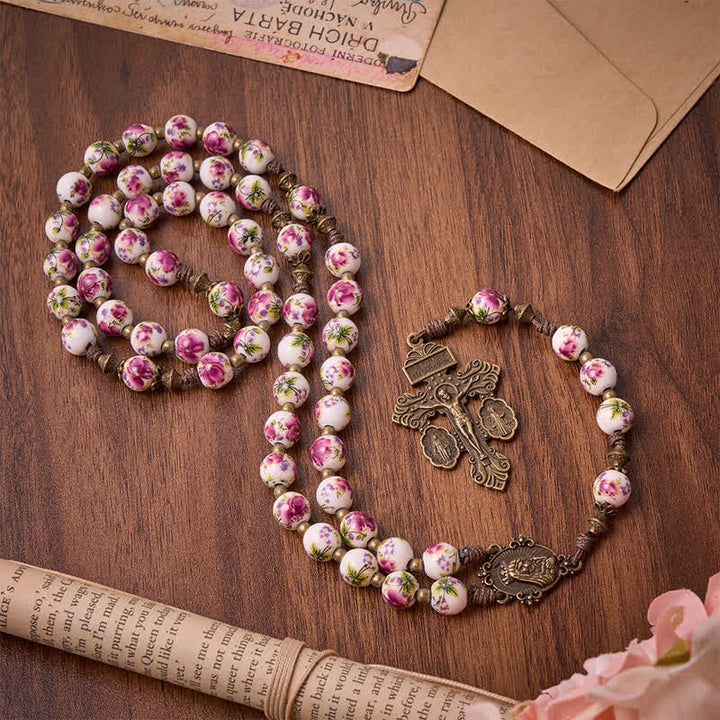 Christianartworkshop Antiqued Bronze Pink Blossom Prayer Rosary with Our Lady Medal & Crucifix - image 4