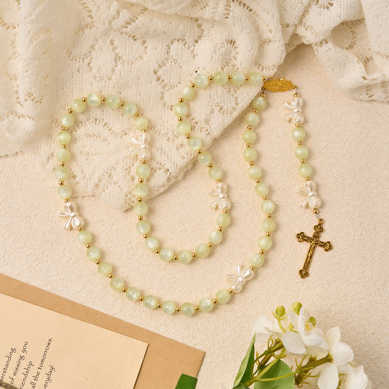 Christianartworkshop Pale Green Cat's Eye Resin Bow Rosary With Gilded Cross: Emblem of Soft Heavenly Grace - image 5