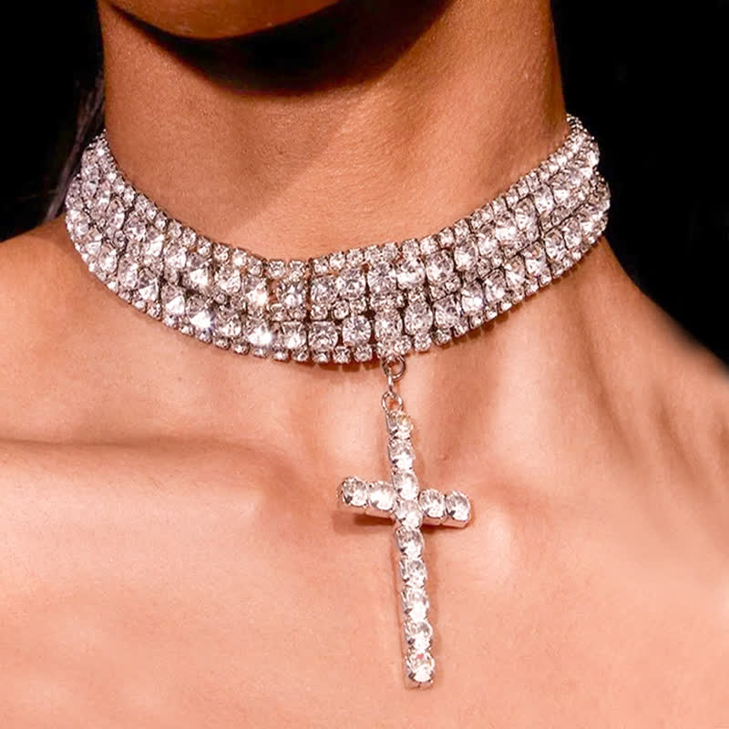 Christianartworkshop Dazzling Rhinestone Cross Choker Necklace: Token of Unfailing Heavenly Grace - Silver - image 0