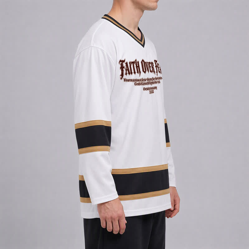 Christianartworkshop Faith Over Fear Gold Trim Long Sleeve Hockey Jersey - image 6