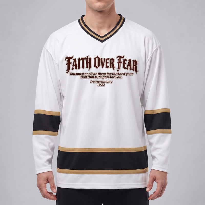 Christianartworkshop Faith Over Fear Gold Trim Long Sleeve Hockey Jersey - image 3