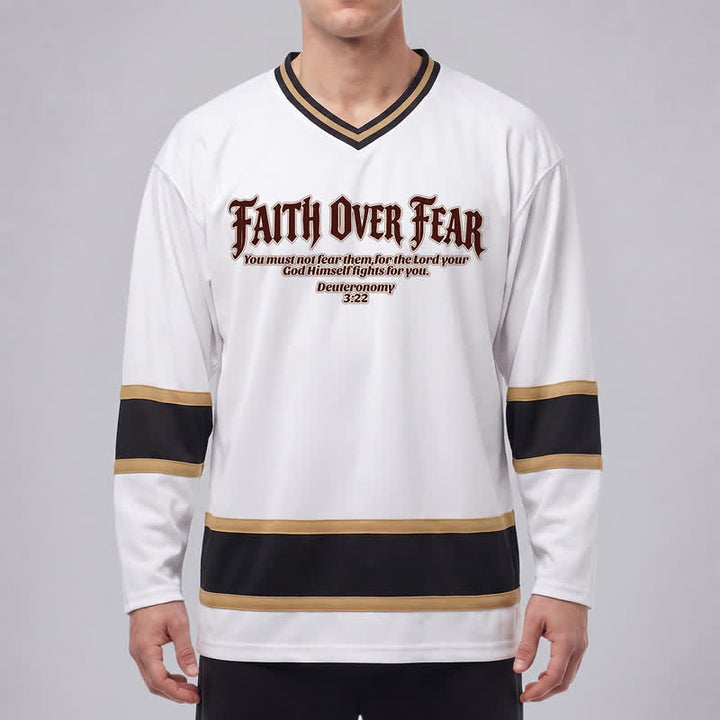 Christianartworkshop Faith Over Fear Gold Trim Long Sleeve Hockey Jersey - image 3