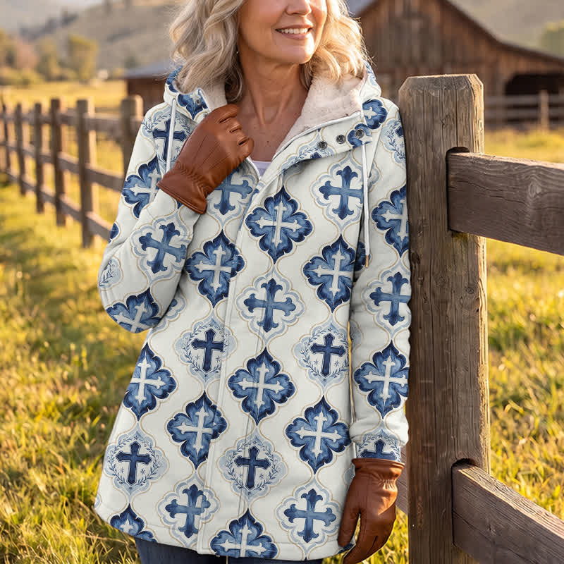 Christianartworkshop Blue-Toned Tile-Styled Cross Hooded Fleece Winter Jacket Coat - image 3