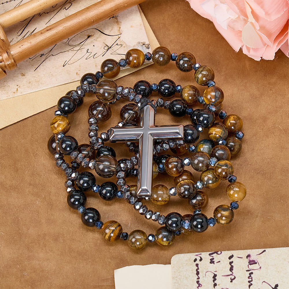 Christianartworkshop Natural Obsidian Tiger's Eye Rosary Necklace - Hematite Stone Cross Protection Rosary - image 1