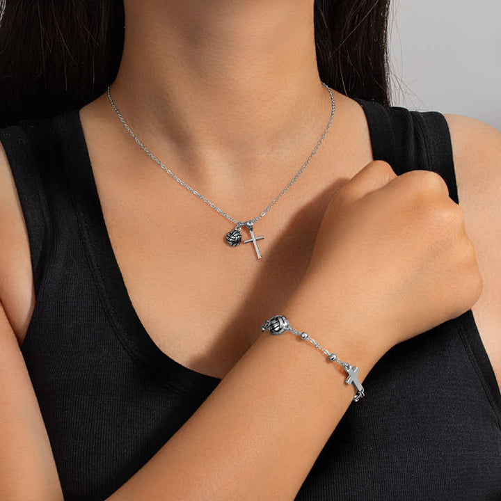 Christianartworkshop Dainty Oil‑Drop Bead Cross Jewelry: Token of Heavenly Shelter for Ball Sport Enthusiasts - Silver(With Card) - Volleyball A - image 4