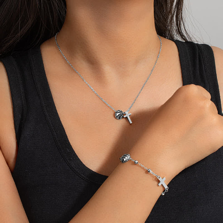 Christianartworkshop Dainty Oil‑Drop Bead Cross Jewelry: Token of Heavenly Shelter for Ball Sport Enthusiasts - Silver(With Card) - Basketball B - image 10