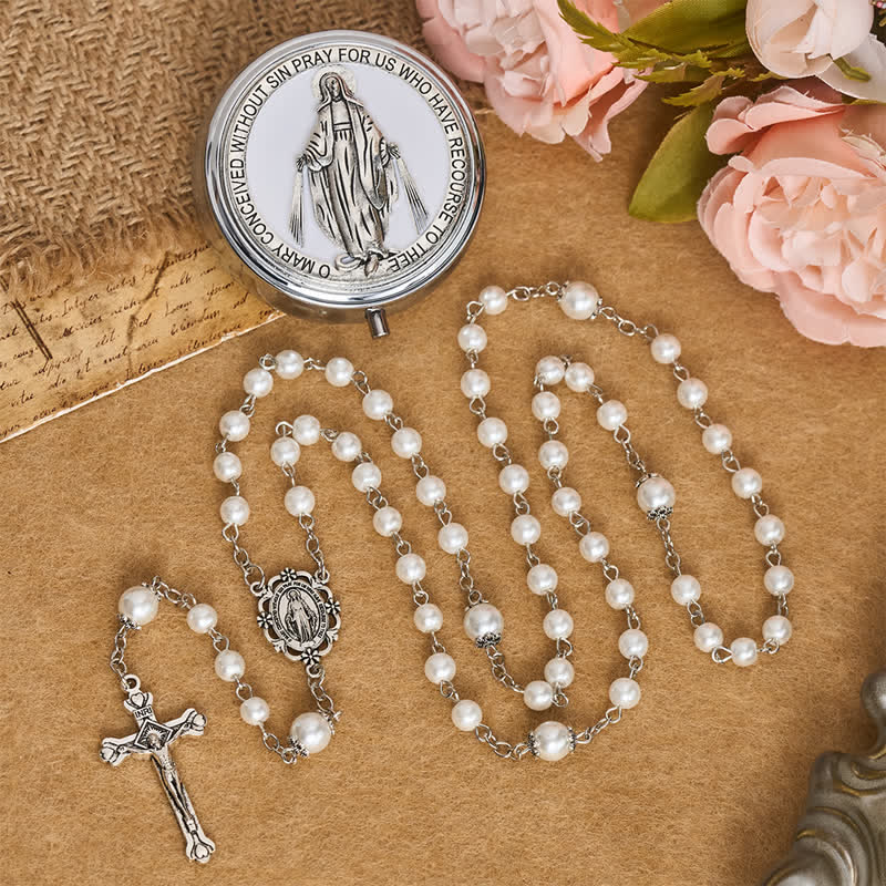 Christianartworkshop Ornate Alloy & Pearl Our Lady Rosary Storage Kit: Sign of Steadfast Celestial Shelter - White - image 9