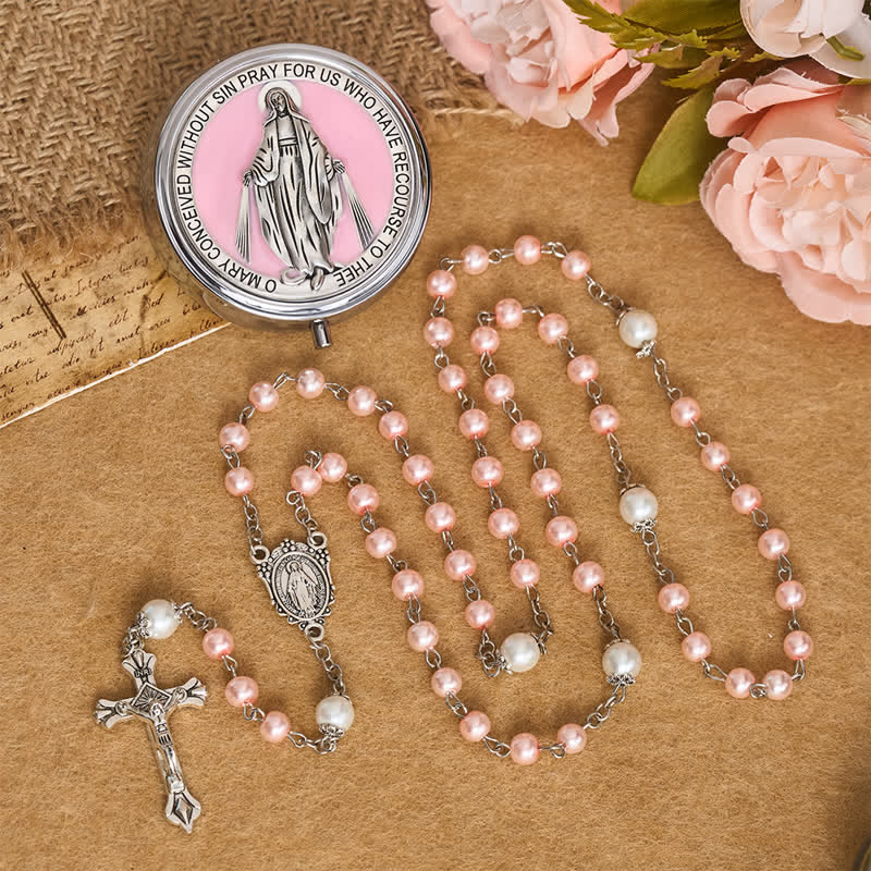 Christianartworkshop Ornate Alloy & Pearl Our Lady Rosary Storage Kit: Sign of Steadfast Celestial Shelter - Pink - image 5