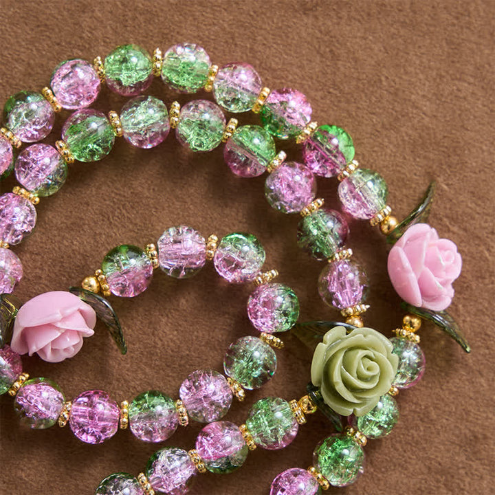 Christianartworkshop Pink & Green Crackle Faceted Glass Bead Rose Floral Our Lady Cross Rosary - image 4