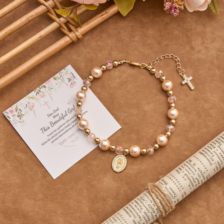 Christianartworkshop Pearl Bracelet With Cross Crucifix And Our Lady Charm: Sign Of Timeless Divine Grace - Our Lady & Cross A - image 0