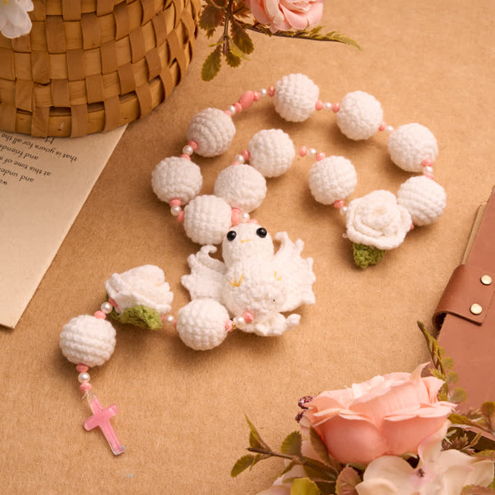 Christianartworkshop Crocheted Rosary With Our Lady & Holy Spirit: Emblem of Gentle Heavenly Tenderness - White - image 8