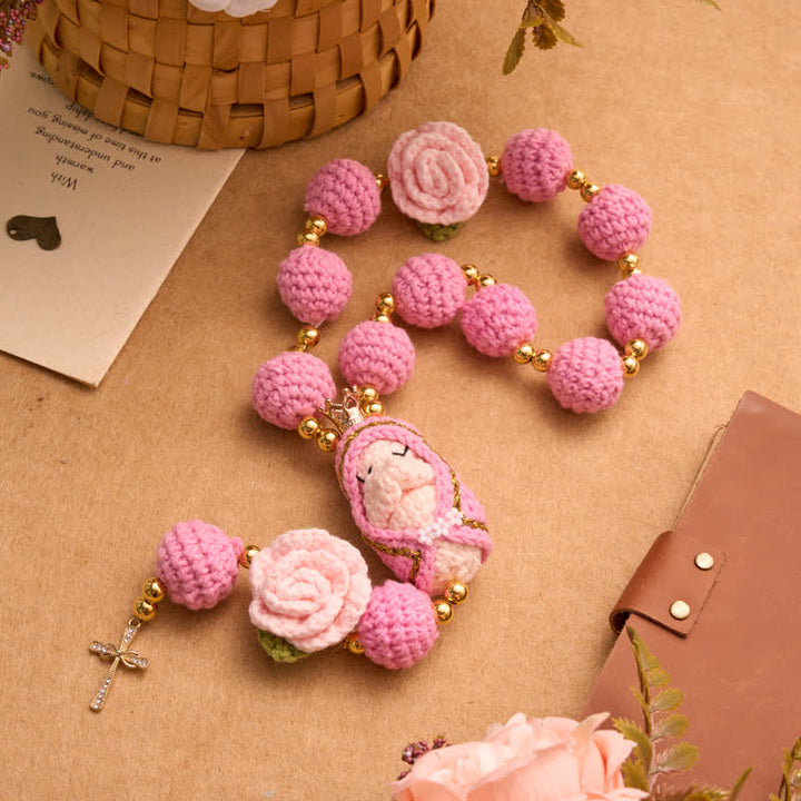 Christianartworkshop Crocheted Rosary With Our Lady & Holy Spirit: Emblem of Gentle Heavenly Tenderness - Pink - image 0