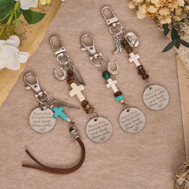 Christianartworkshop Multi‑Use Metal Keychain Horse Saddle and Bridle Charm Clip With Cross Blessing - image 2