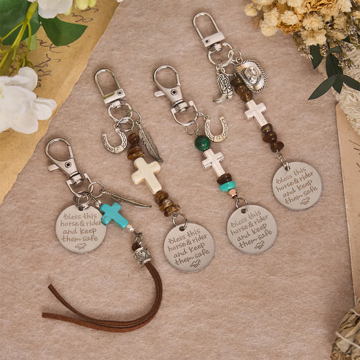 Christianartworkshop Multi‑Use Metal Keychain Horse Saddle and Bridle Charm Clip With Cross Blessing - image 2