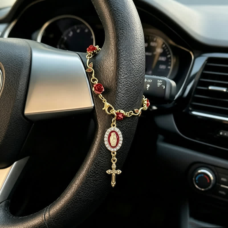 Christianartworkshop Dainty Rose‑Link Our Lady Cross Car Pendant: Carrier of Soft Divine Care On The Road - Our Lady & Cross B - image 1