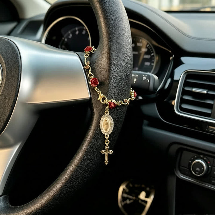 Christianartworkshop Dainty Rose‑Link Our Lady Cross Car Pendant: Carrier of Soft Divine Care On The Road - Our Lady & Cross A - image 0