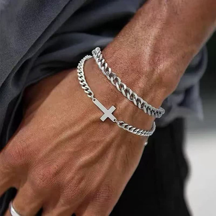 Christianartworkshop Sleek Flat Cross Twin Chain Bracelet Set: Symbol of Quiet Daily Divine Guidance - Cross 2Pcs/Set - image 0