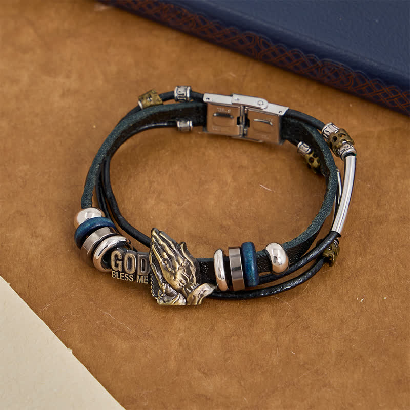 Christianartworkshop God Bless Me Engraved Leather Prayer Bracelet: Token of Abiding Celestial Favor - Black - image 3