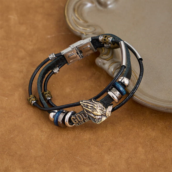Christianartworkshop God Bless Me Engraved Leather Prayer Bracelet: Token of Abiding Celestial Favor - image 4