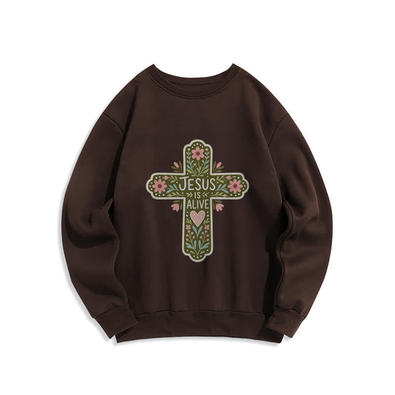 Christianartworkshop Jesus Is Alive Floral Cross Cozy Crewneck Sweatshirt - Brown - 2XL - image 5
