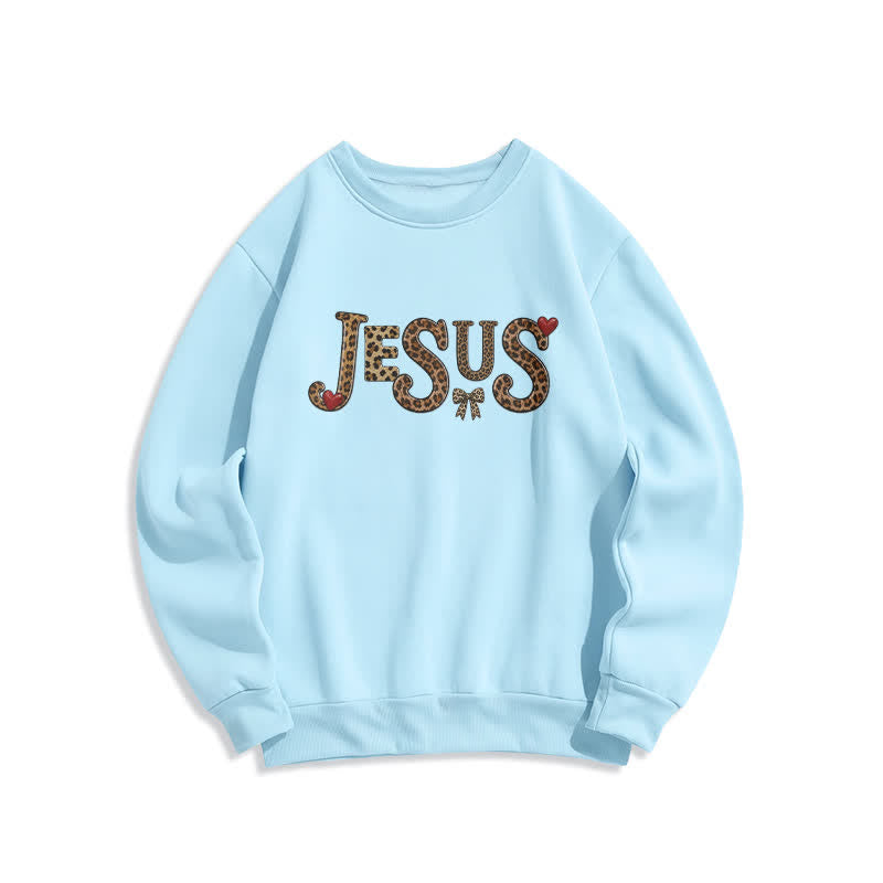 Christianartworkshop Jesus Leopard Heart Bow Crewneck Fleece Sweatshirt - Blue - 2XL - image 5
