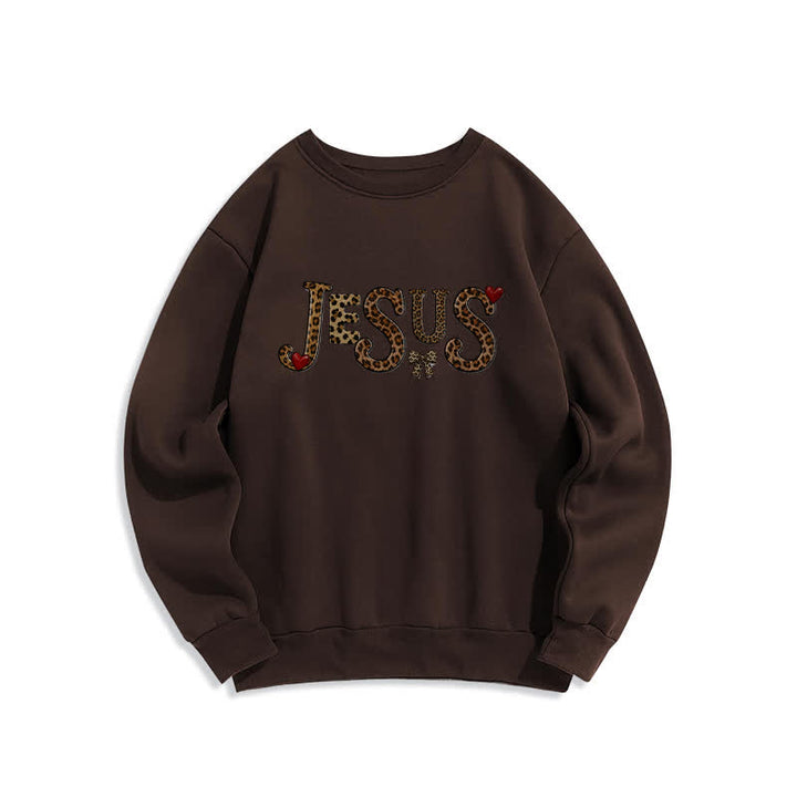 Christianartworkshop Jesus Leopard Heart Bow Crewneck Fleece Sweatshirt - Brown - 2XL - image 4