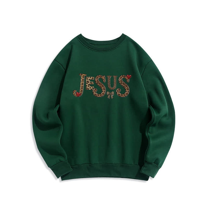 Christianartworkshop Jesus Leopard Heart Bow Crewneck Fleece Sweatshirt - Green - 2XL - image 3