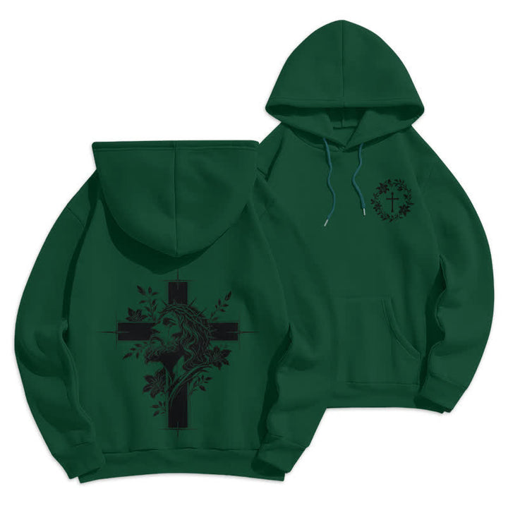 Christianartworkshop Cross Wreath Back Graphic Fleece Lined Pullover Hoodie - Green - 2XL - image 18
